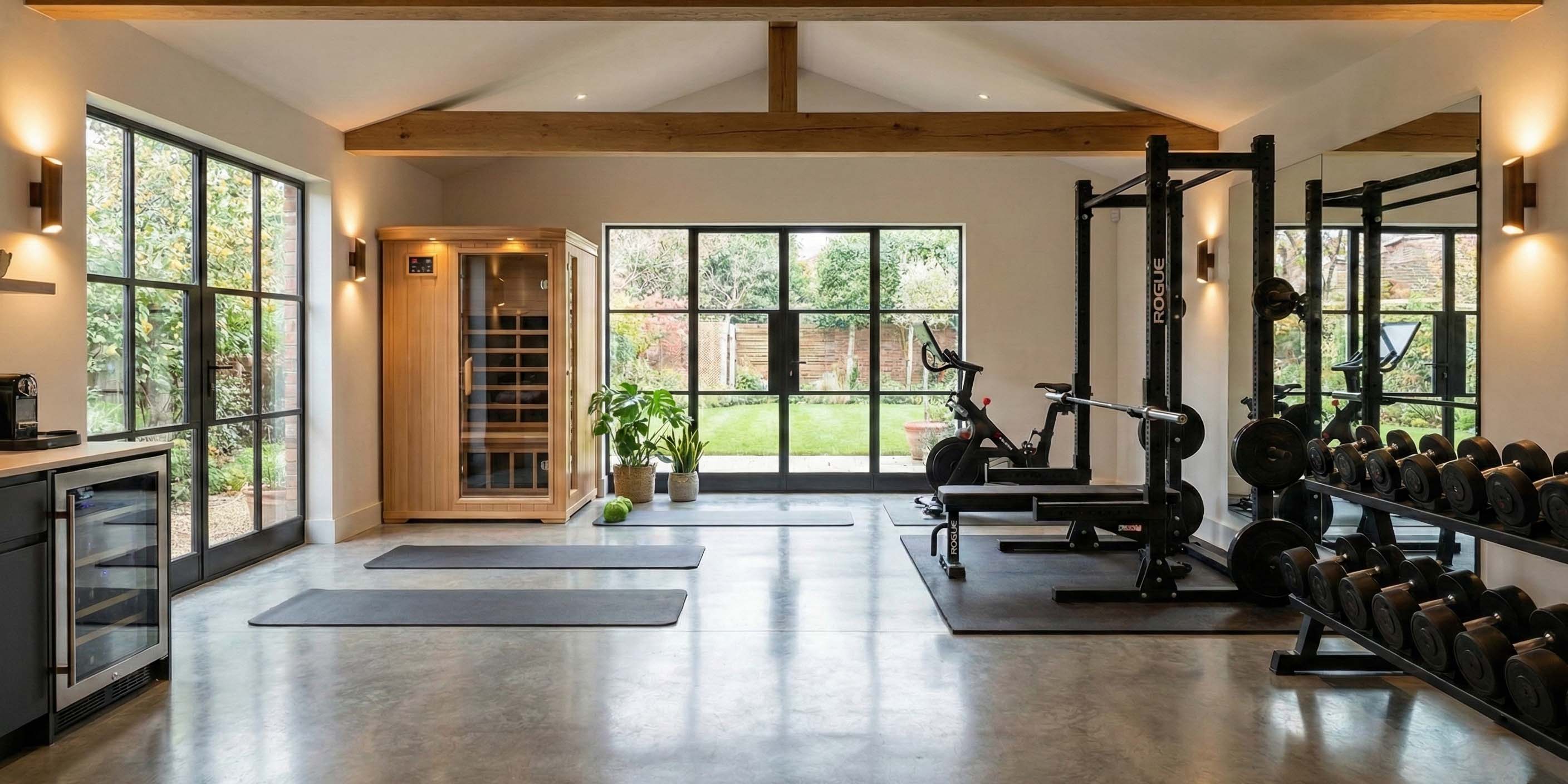 home gym with a sauna and minibar
