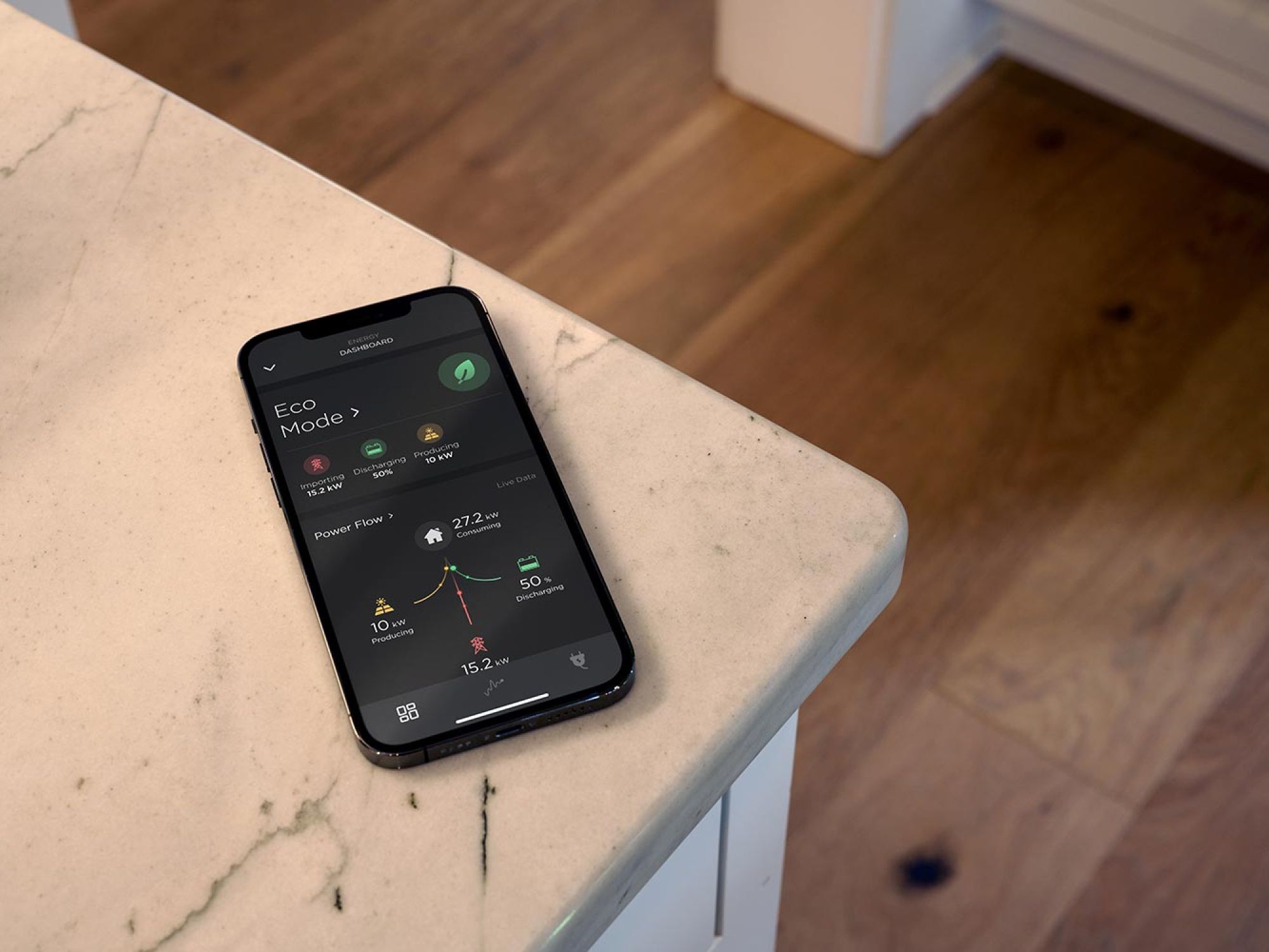 Smartphone with an energy dashboard placed on a kitchen counter